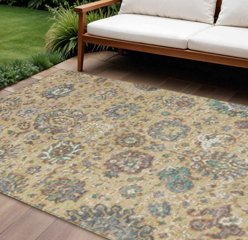 9' X 12' Gold Beige And Pale Aqua Floral Washable Indoor Outdoor Area Rug