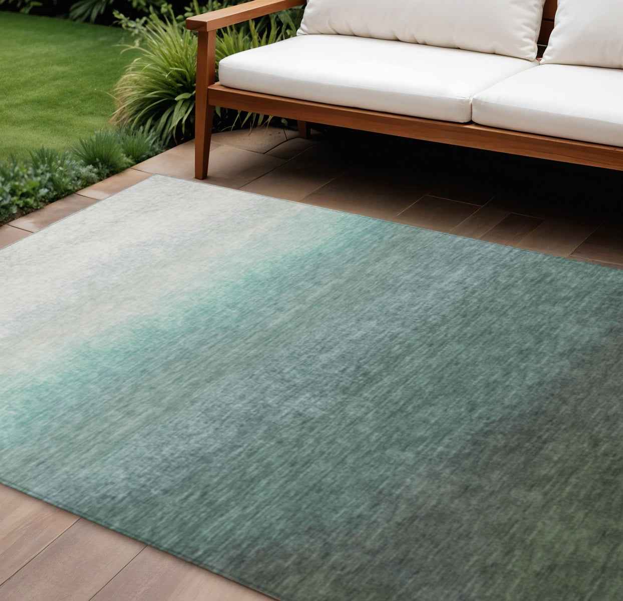 8' X 10' Pale Aqua And Gray Ombre Washable Indoor Outdoor Area Rug