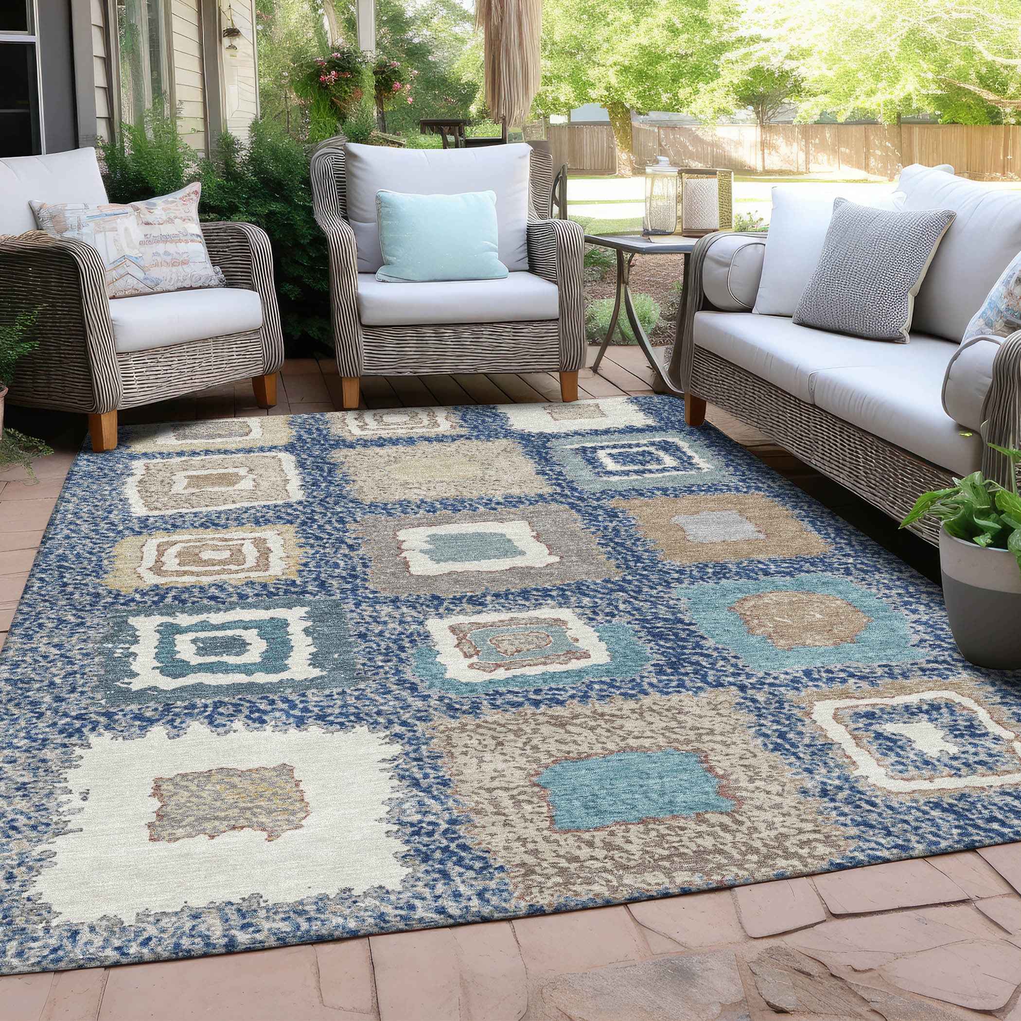 9' X 12' Navy Blue Beige And Ivory Geometric Washable Indoor Outdoor Area Rug
