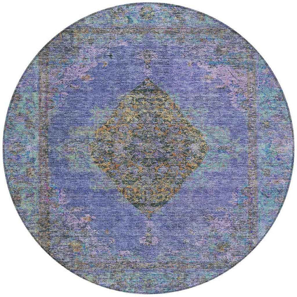 8' Purple And Gold Round Medallion Washable Indoor Outdoor Area Rug