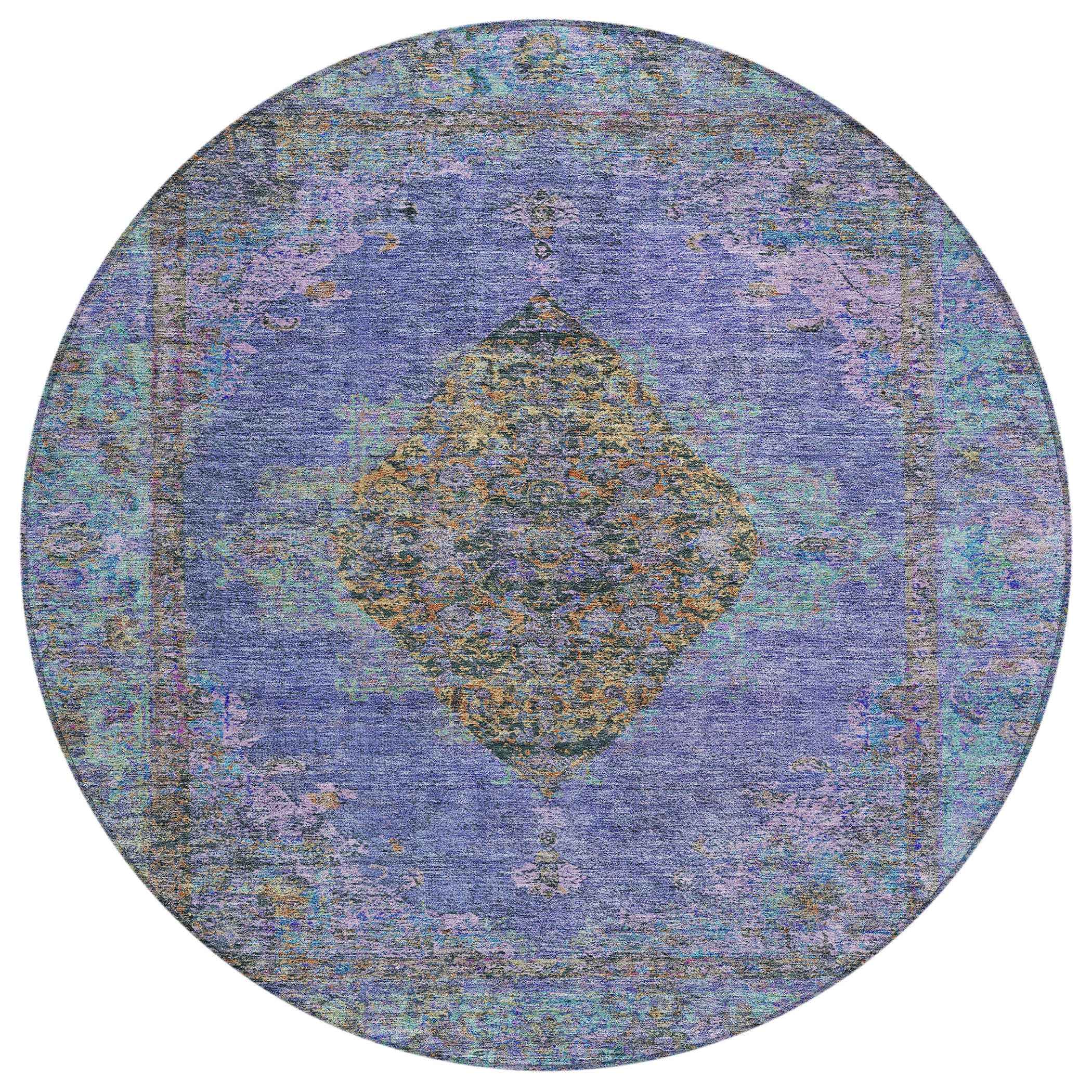 8' Purple And Gold Round Medallion Washable Indoor Outdoor Area Rug