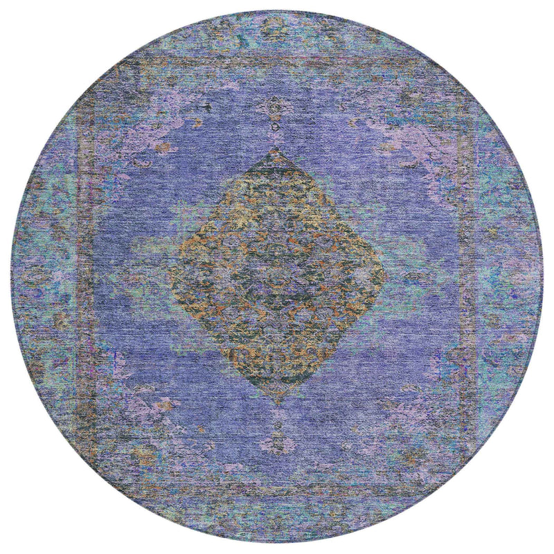 8' Purple And Gold Round Medallion Washable Indoor Outdoor Area Rug