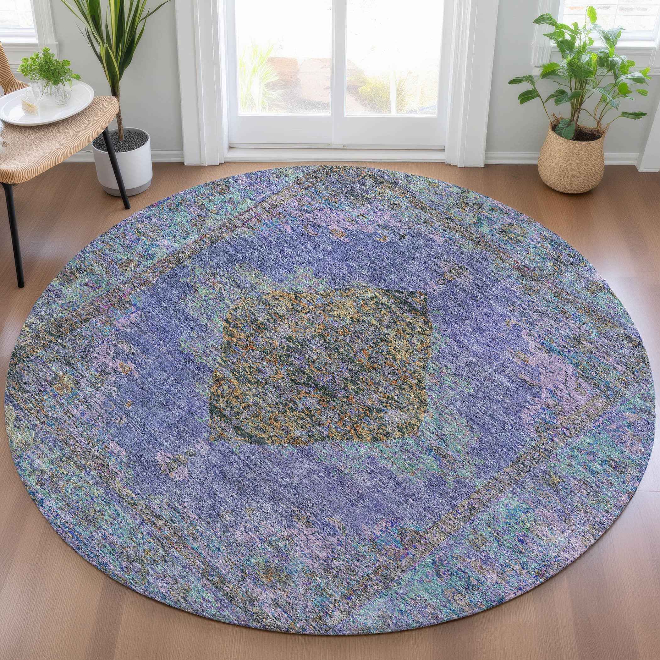 8' Purple And Gold Round Medallion Washable Indoor Outdoor Area Rug