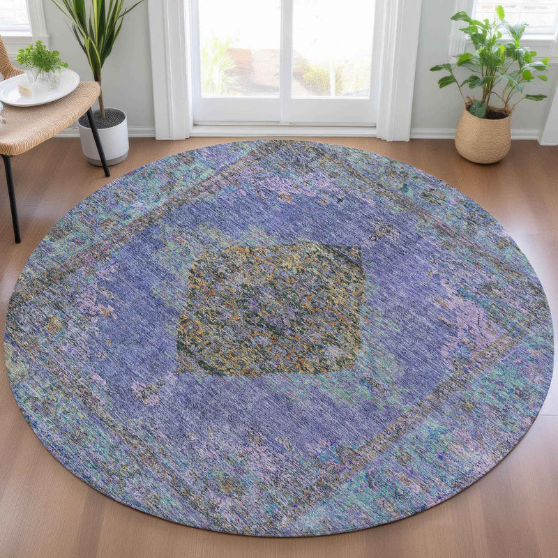 8' Purple And Gold Round Medallion Washable Indoor Outdoor Area Rug
