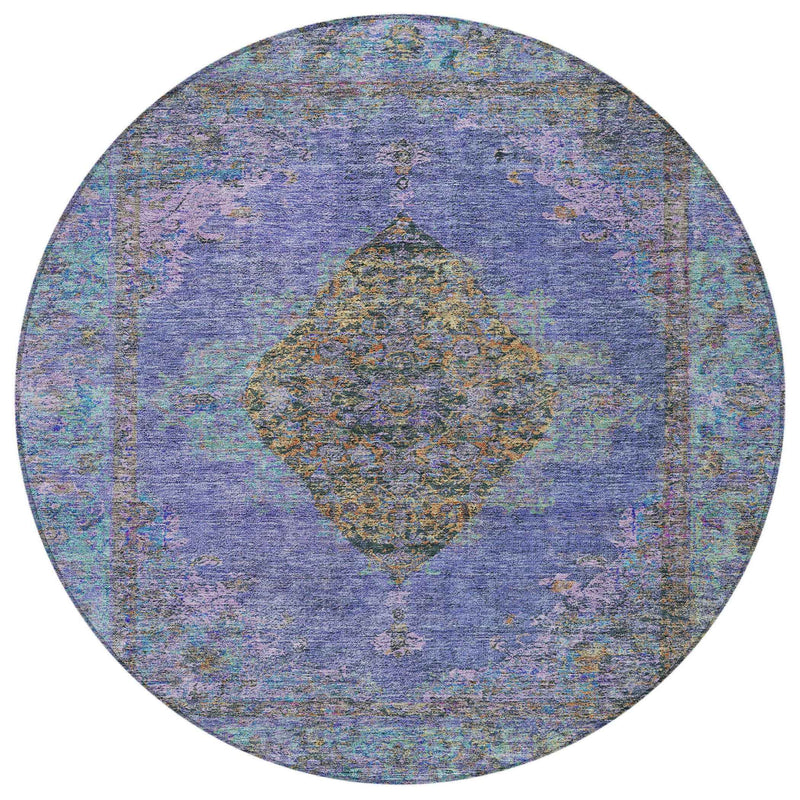 8' Purple And Gold Round Medallion Washable Indoor Outdoor Area Rug