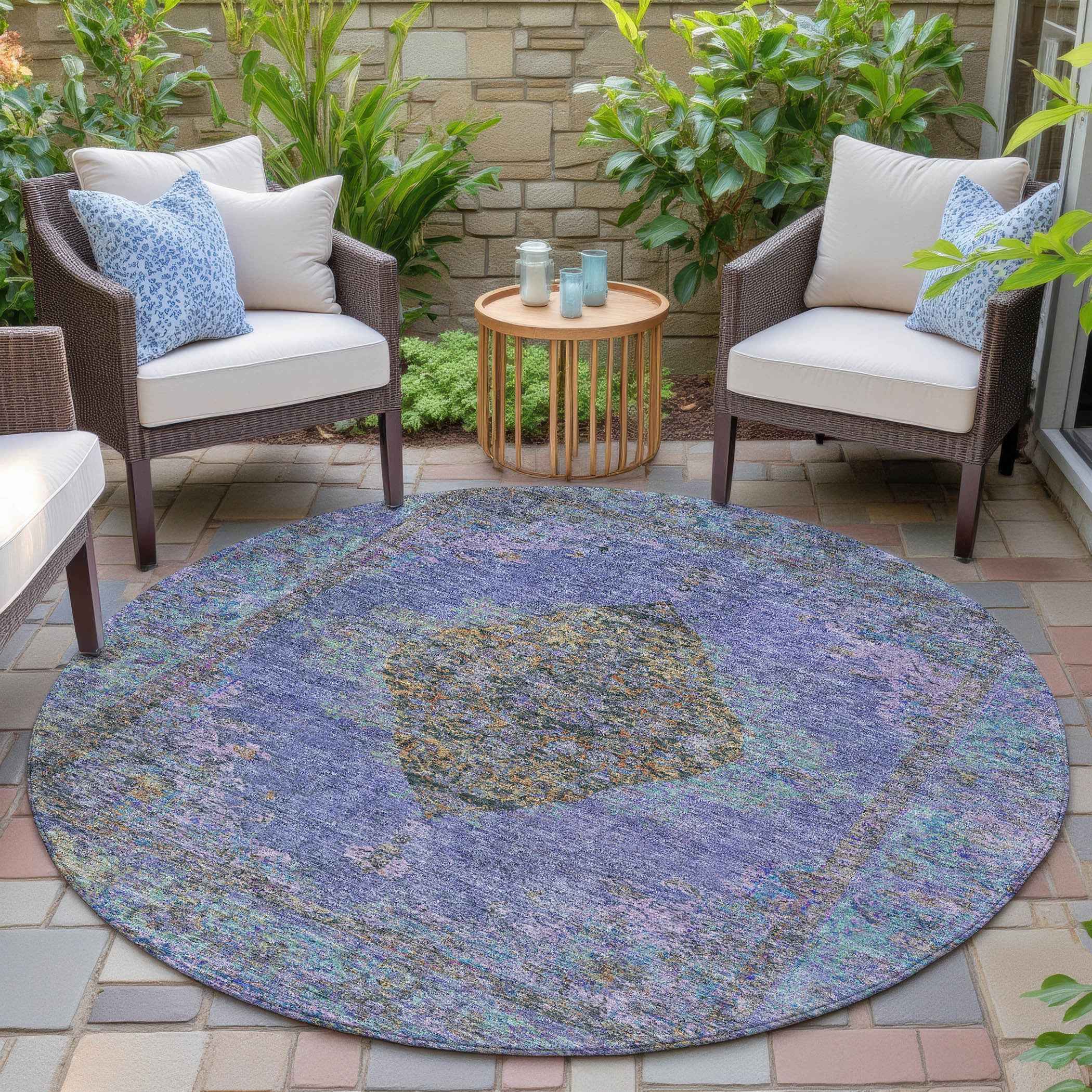 8' Purple And Gold Round Medallion Washable Indoor Outdoor Area Rug