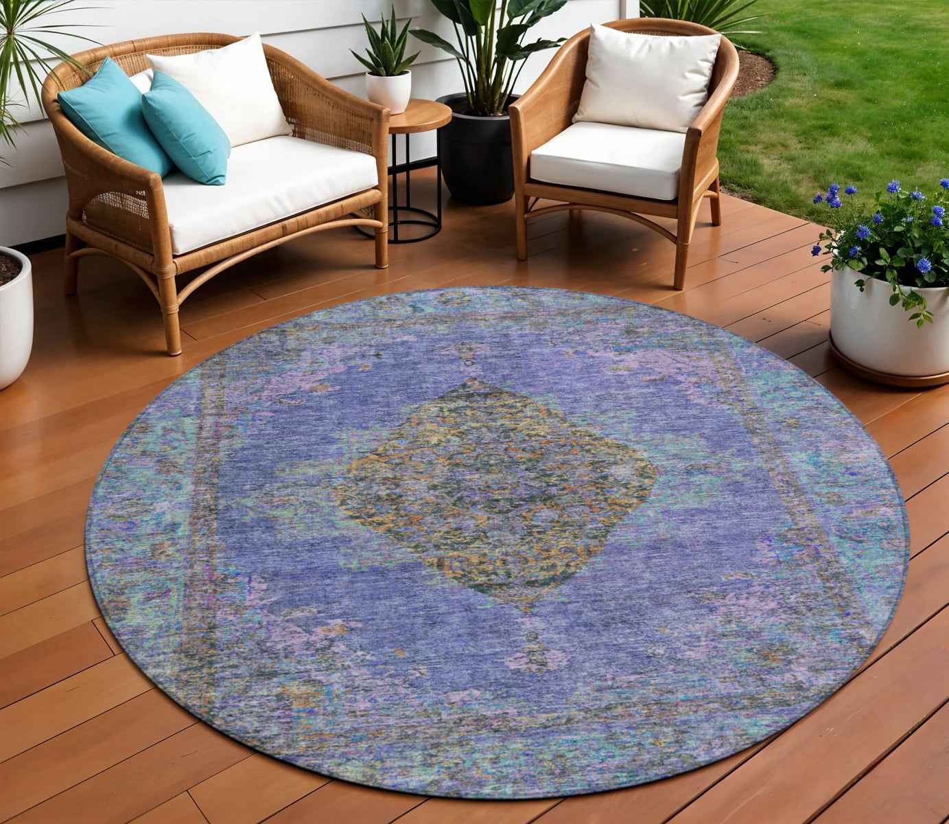 8' Purple And Gold Round Medallion Washable Indoor Outdoor Area Rug