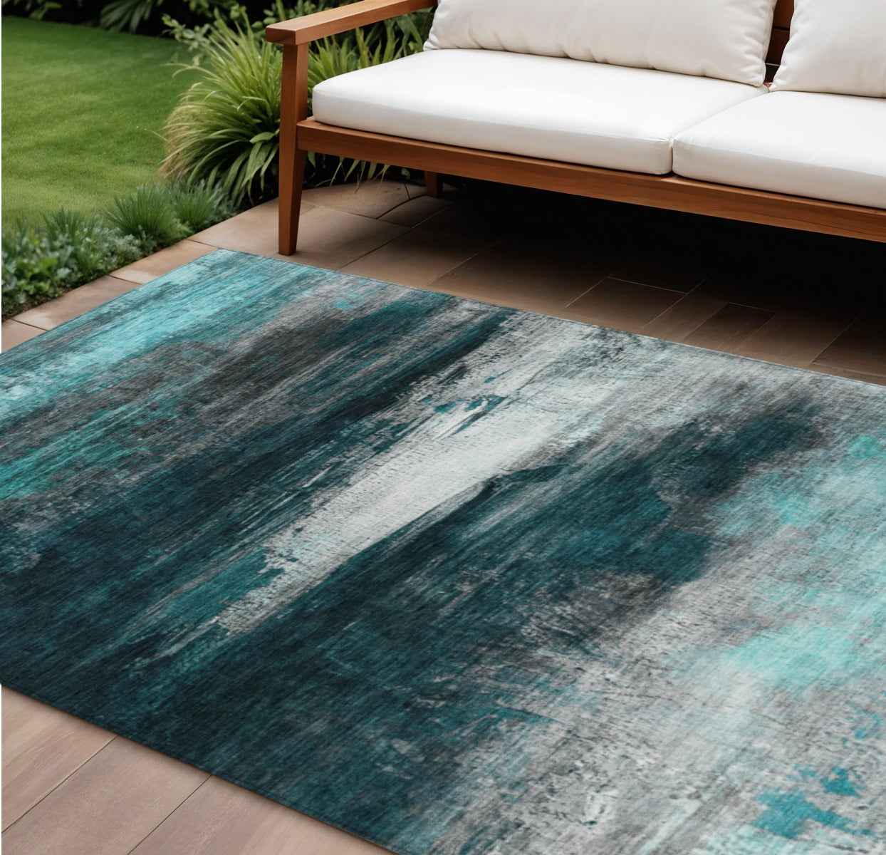 10' X 14' Teal Blue Aqua And Charcoal Abstract Washable Indoor Outdoor Area Rug