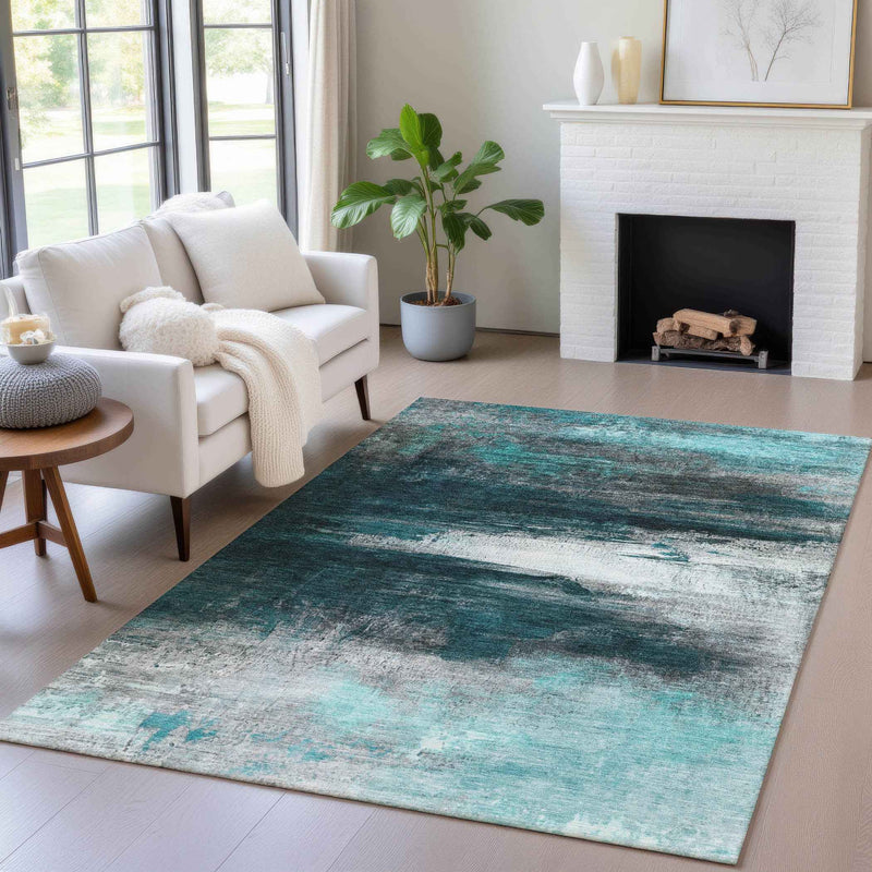 10' X 14' Teal Blue Aqua And Charcoal Abstract Washable Indoor Outdoor Area Rug