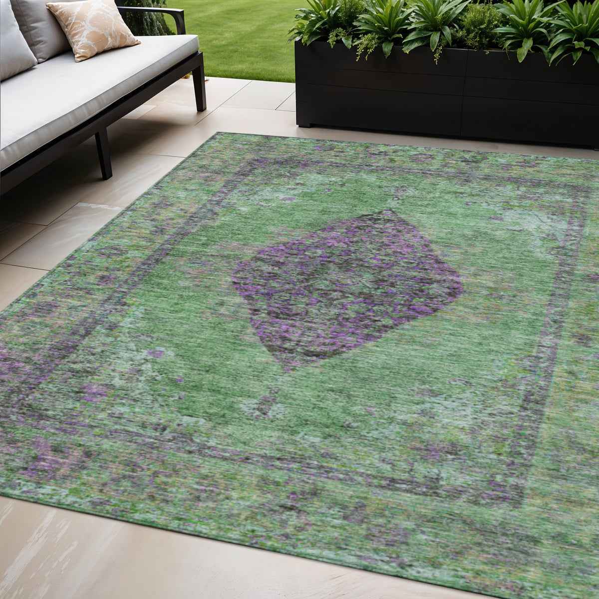 5' X 8' Lime Green And Purple Medallion Washable Indoor Outdoor Area Rug