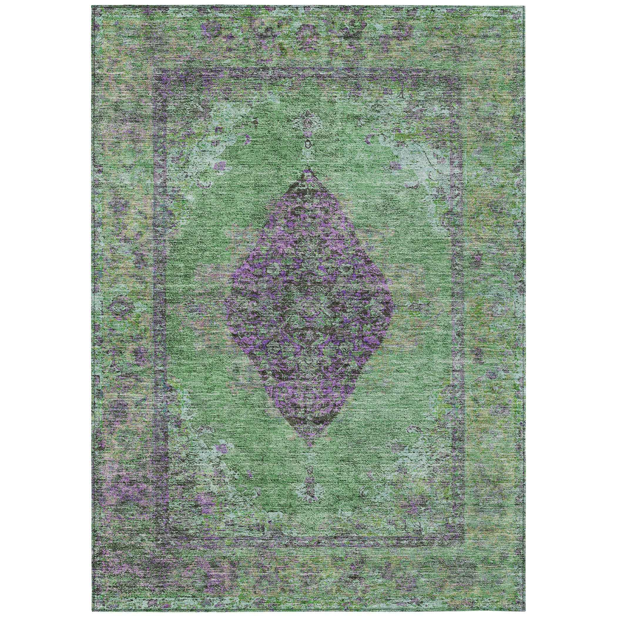 5' X 8' Lime Green And Purple Medallion Washable Indoor Outdoor Area Rug