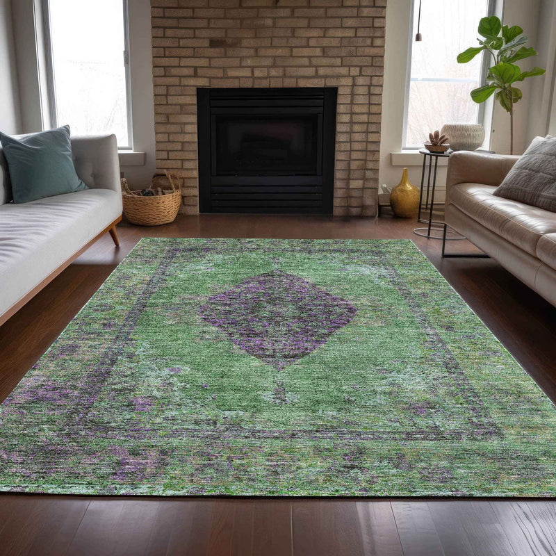 5' X 8' Lime Green And Purple Medallion Washable Indoor Outdoor Area Rug