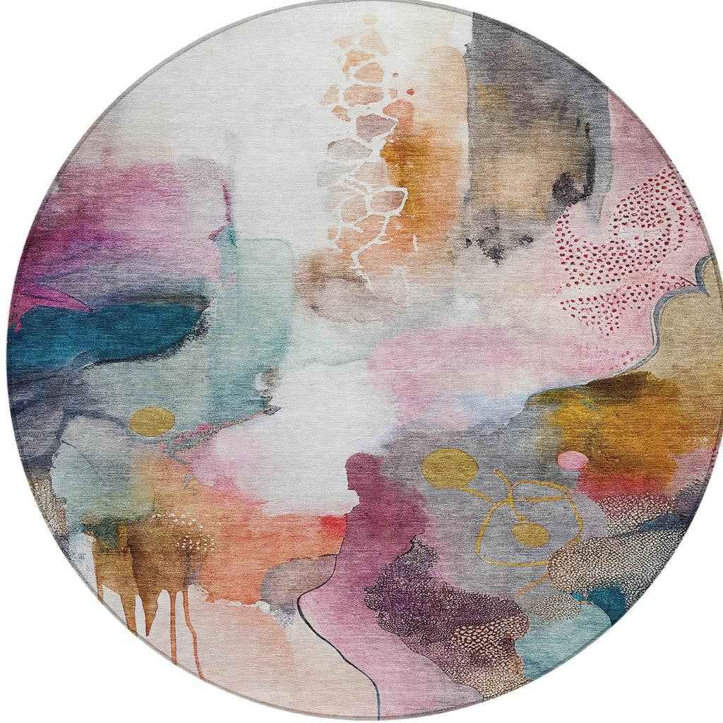 8' Blush Teal Blue And Ivory Round Abstract Washable Indoor Outdoor Area Rug