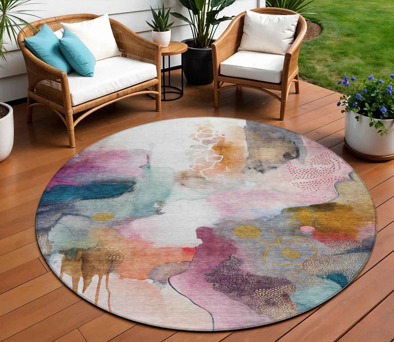 8' Blush Teal Blue And Ivory Round Abstract Washable Indoor Outdoor Area Rug