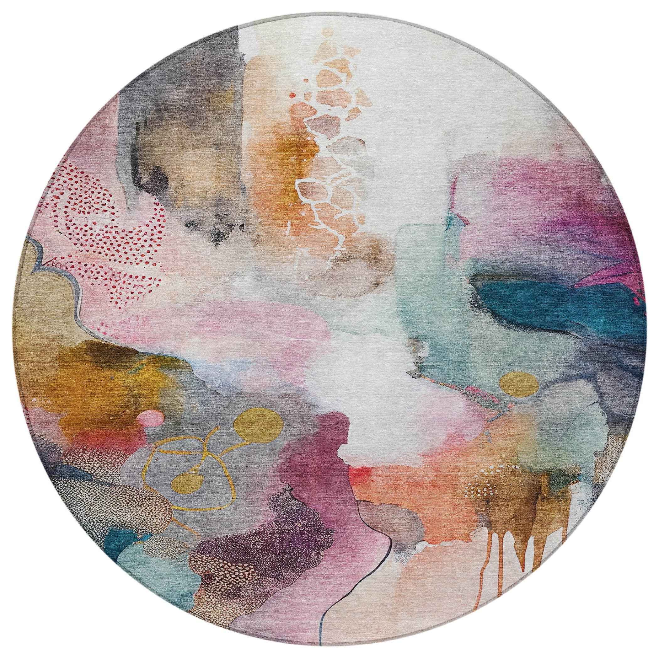 8' Blush Teal Blue And Ivory Round Abstract Washable Indoor Outdoor Area Rug