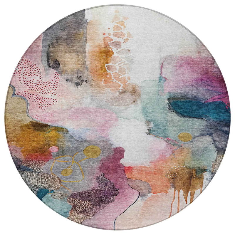 8' Blush Teal Blue And Ivory Round Abstract Washable Indoor Outdoor Area Rug