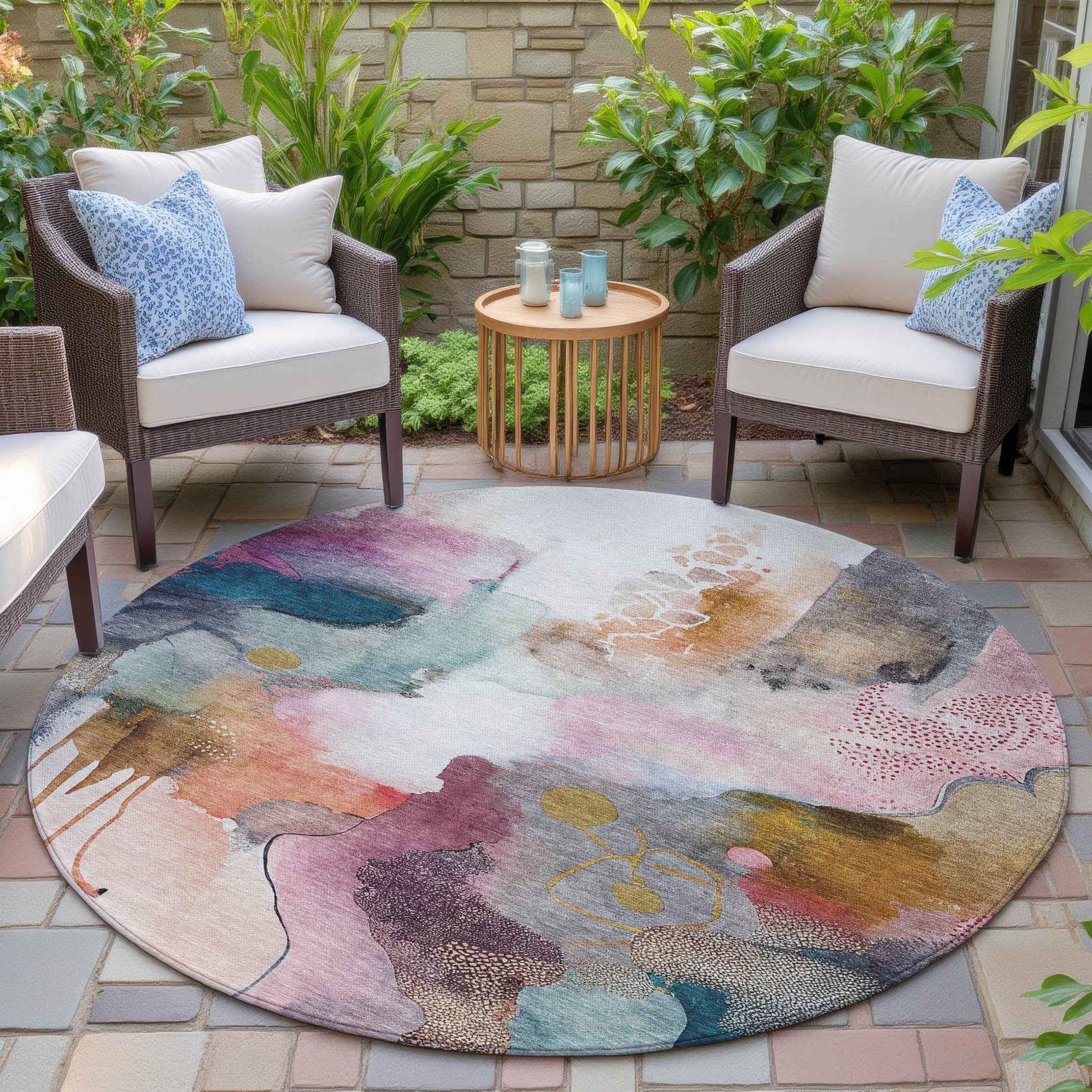 8' Blush Teal Blue And Ivory Round Abstract Washable Indoor Outdoor Area Rug