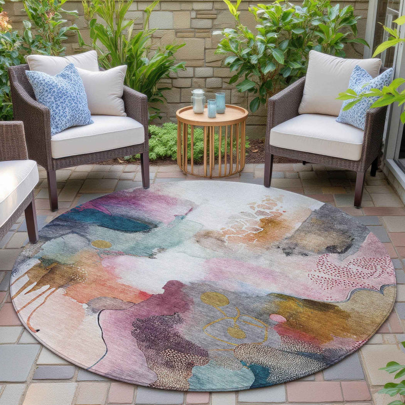 8' Blush Teal Blue And Ivory Round Abstract Washable Indoor Outdoor Area Rug