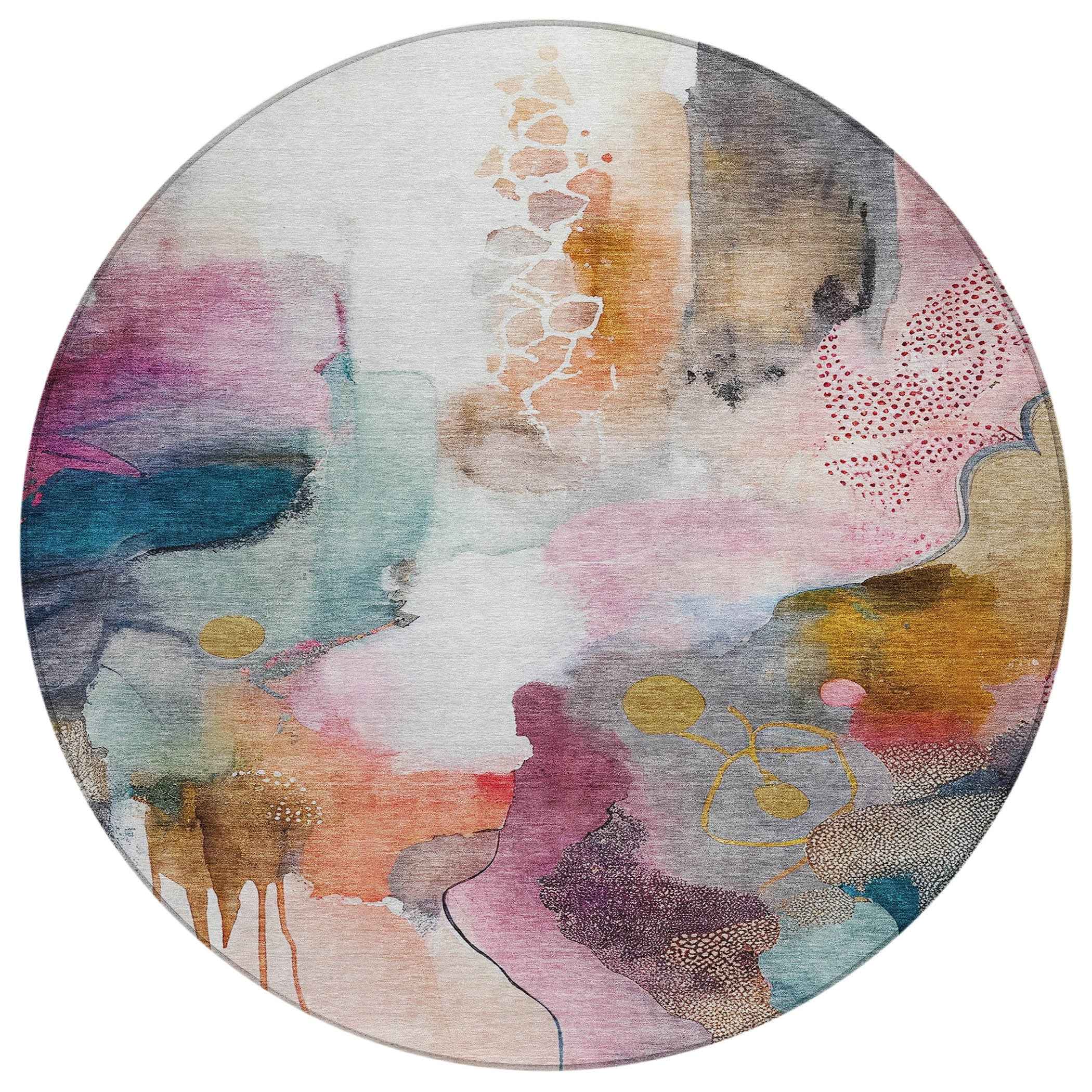 8' Blush Teal Blue And Ivory Round Abstract Washable Indoor Outdoor Area Rug