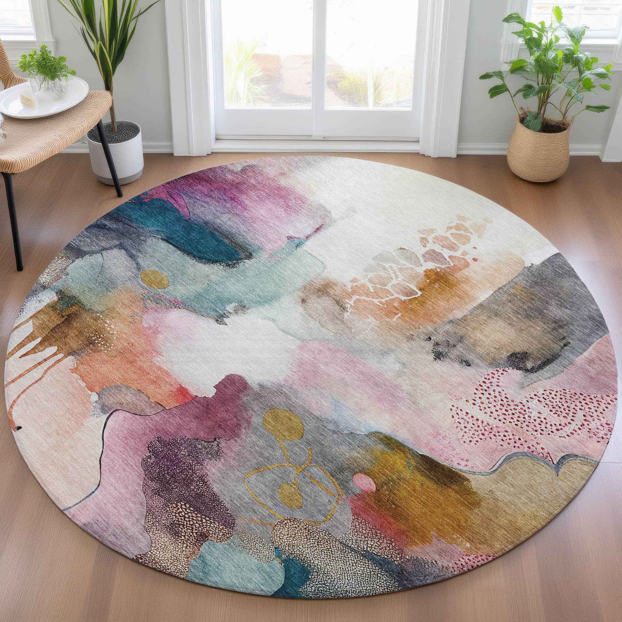 8' Blush Teal Blue And Ivory Round Abstract Washable Indoor Outdoor Area Rug