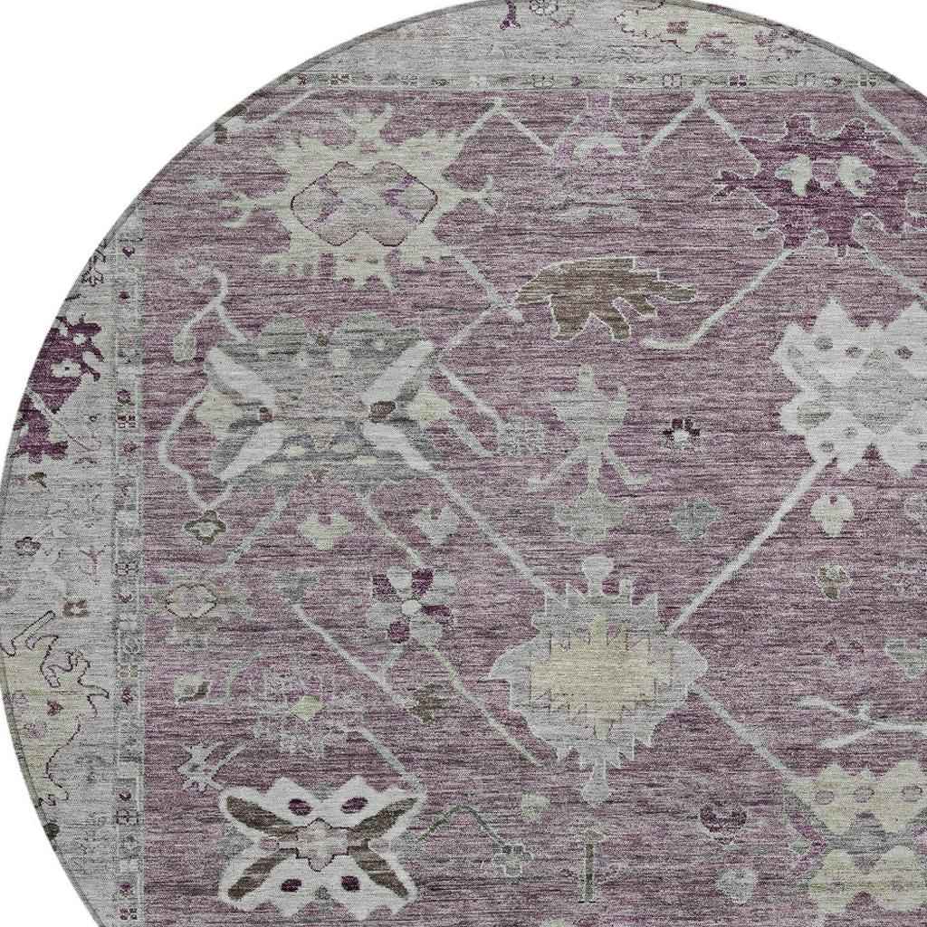 8' Merlot And Gray Round Tribal Washable Indoor Outdoor Area Rug