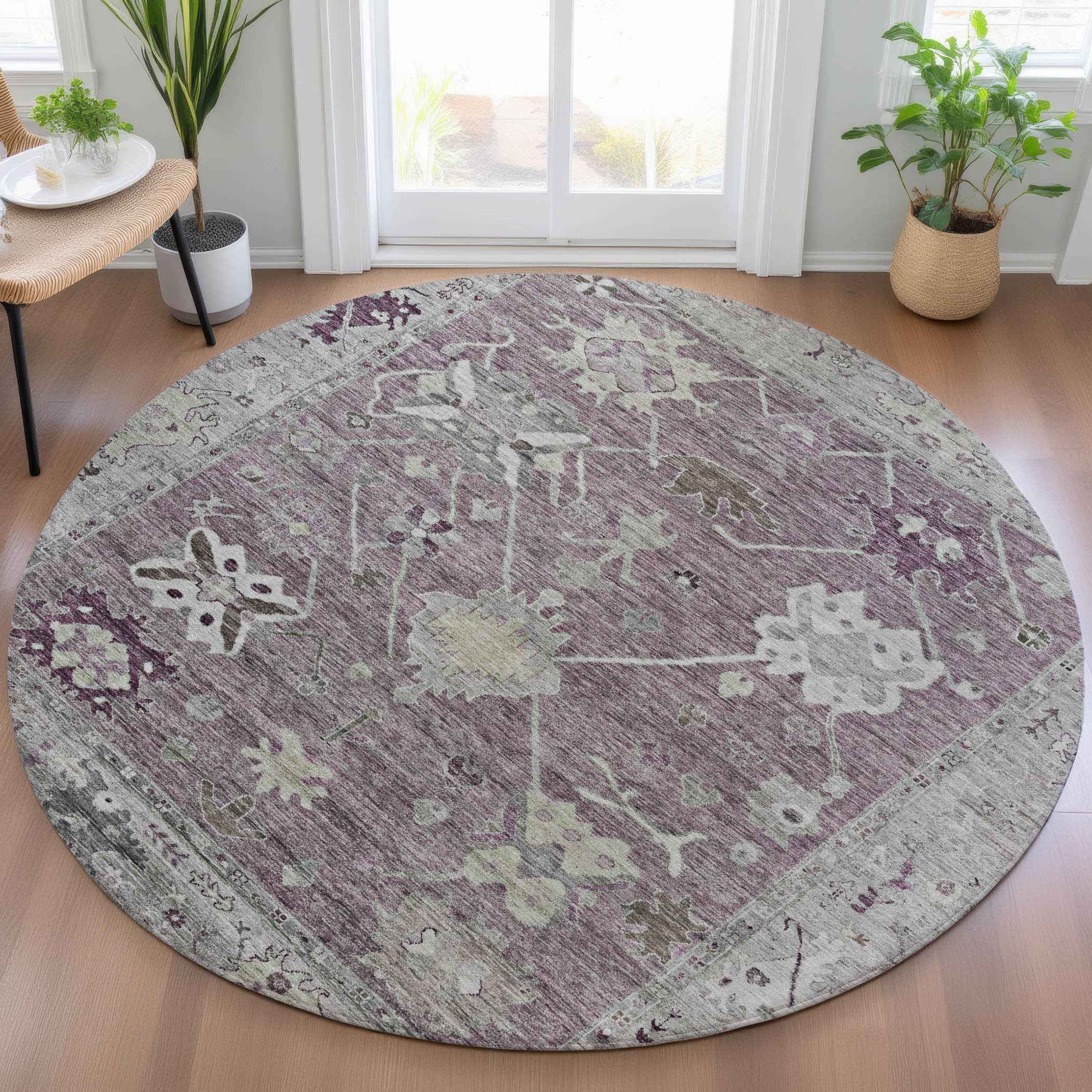 8' Merlot And Gray Round Tribal Washable Indoor Outdoor Area Rug