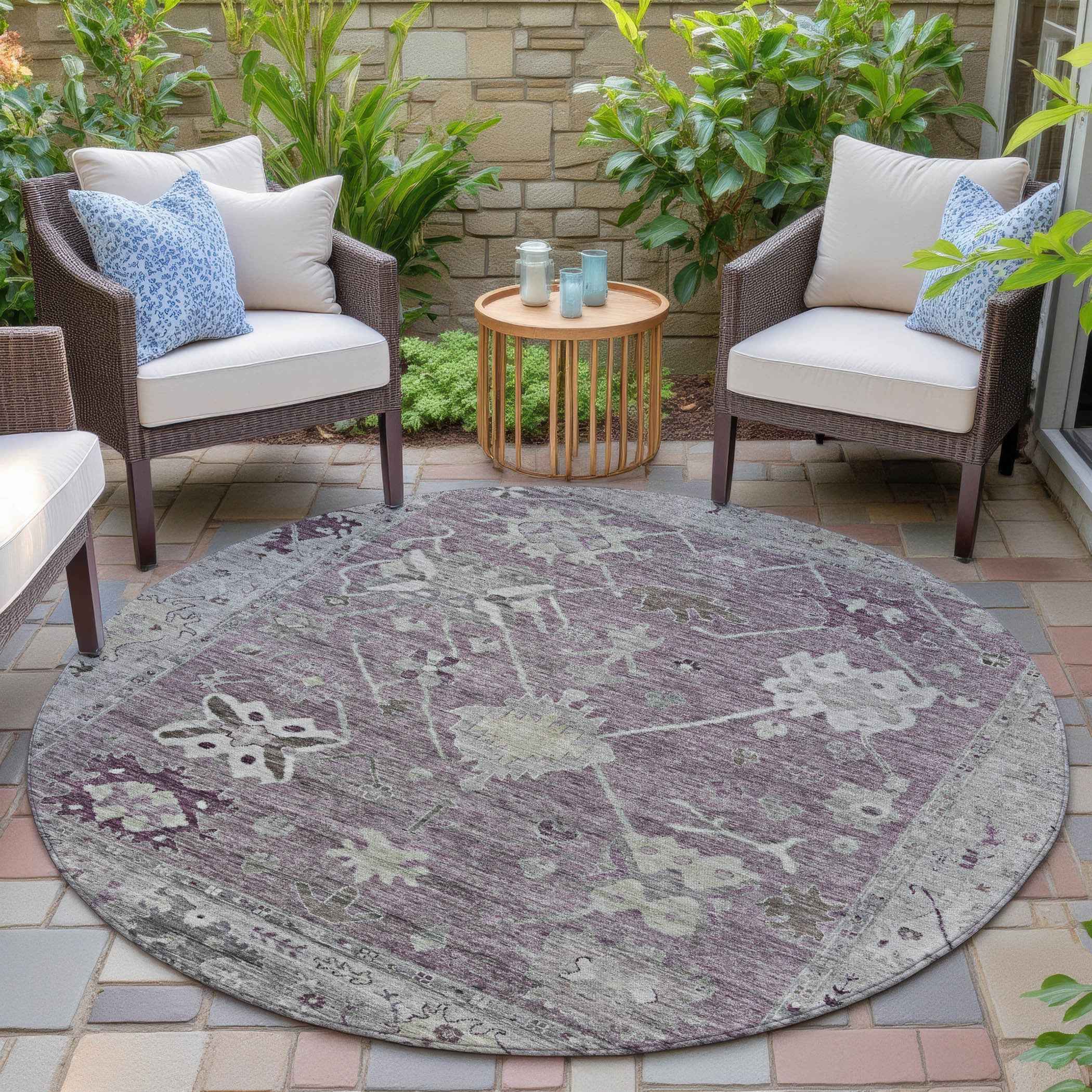 8' Merlot And Gray Round Tribal Washable Indoor Outdoor Area Rug