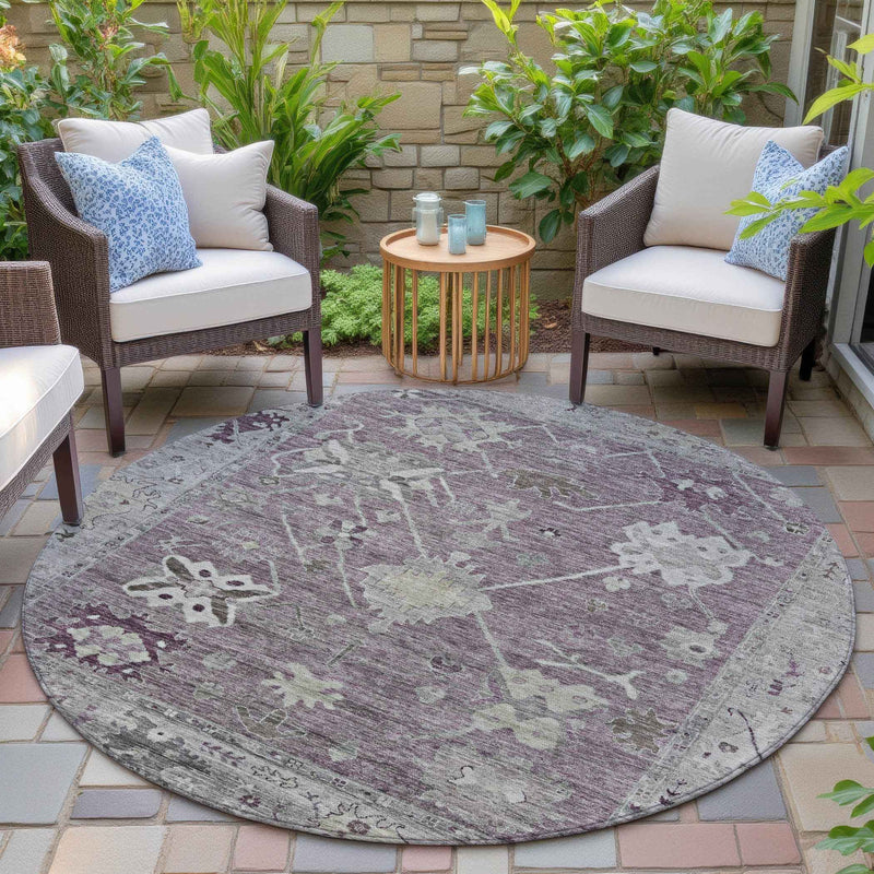 8' Merlot And Gray Round Tribal Washable Indoor Outdoor Area Rug