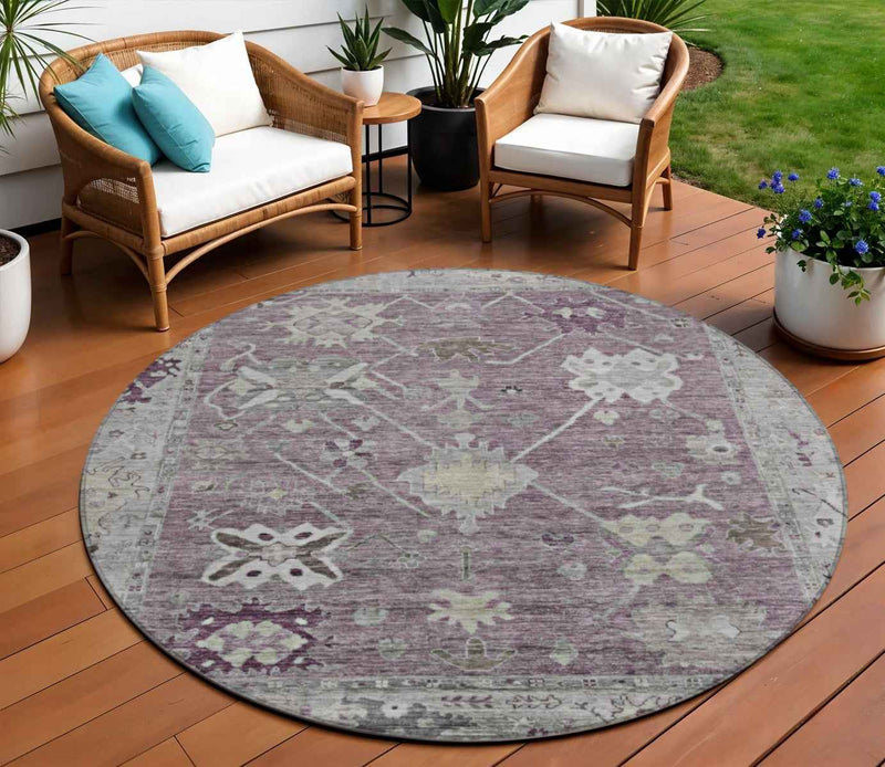8' Merlot And Gray Round Tribal Washable Indoor Outdoor Area Rug