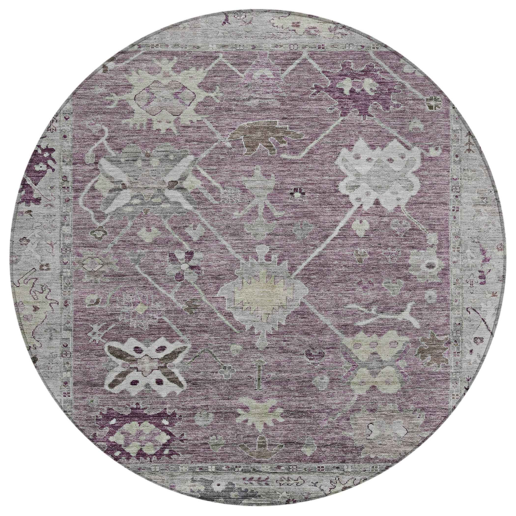 8' Merlot And Gray Round Tribal Washable Indoor Outdoor Area Rug