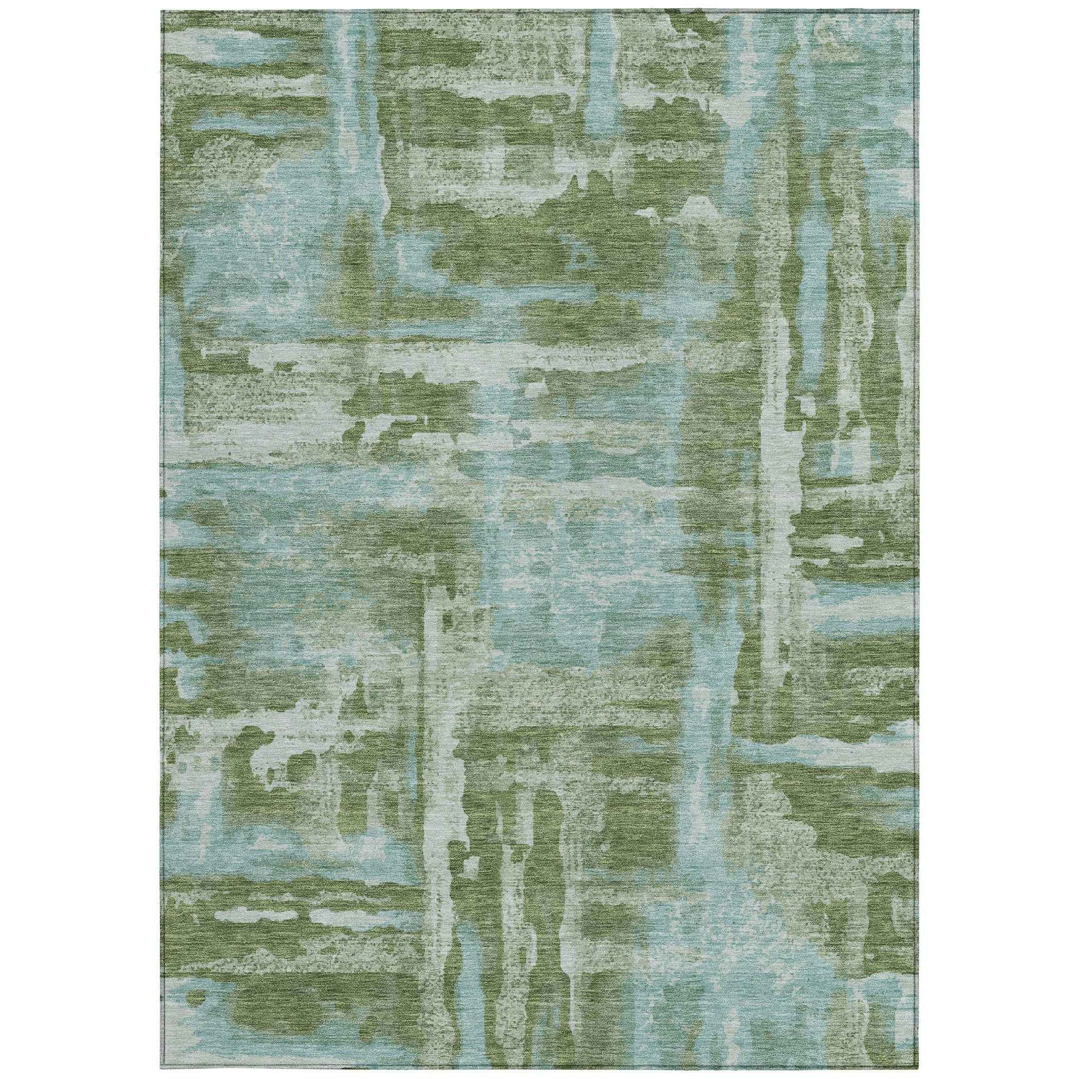 9' X 12' Fern Green And Sky Blue Abstract Washable Indoor Outdoor Area Rug
