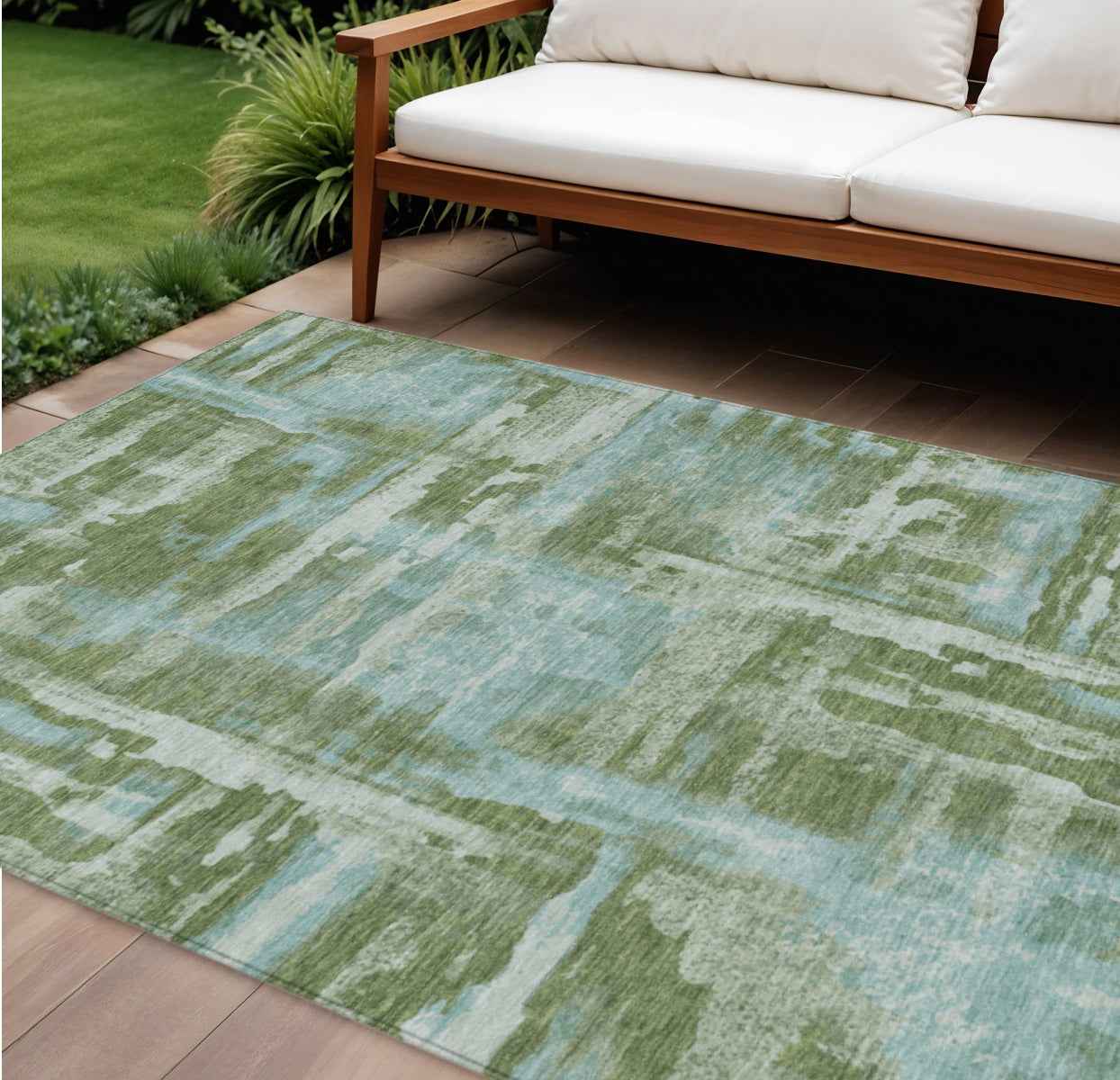 9' X 12' Fern Green And Sky Blue Abstract Washable Indoor Outdoor Area Rug