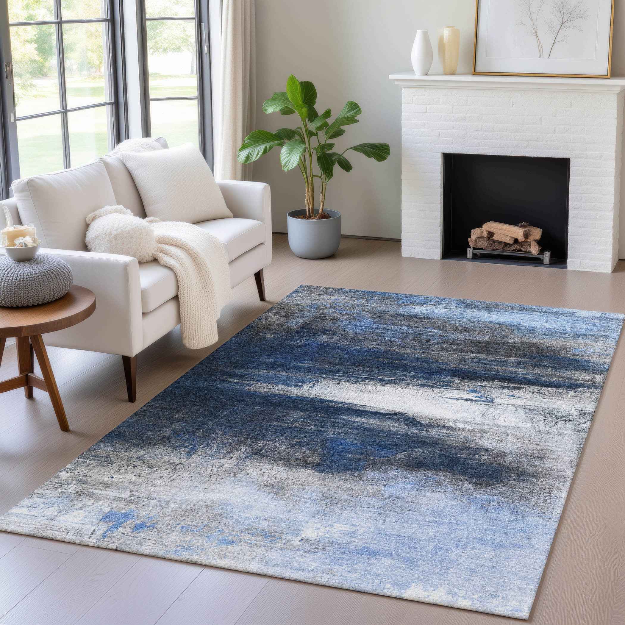 3' X 5' Navy Blue Charcoal And Ivory Abstract Washable Indoor Outdoor Area Rug