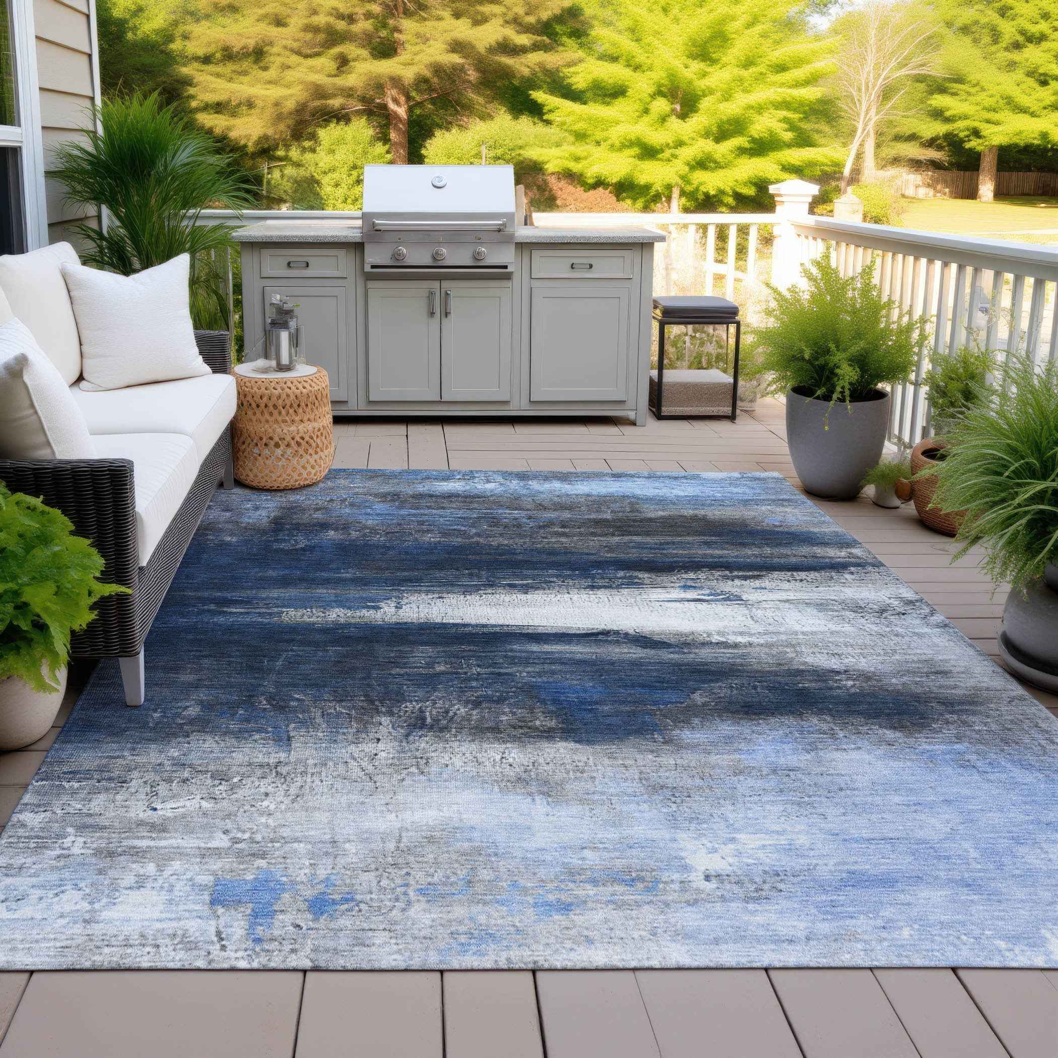 3' X 5' Navy Blue Charcoal And Ivory Abstract Washable Indoor Outdoor Area Rug