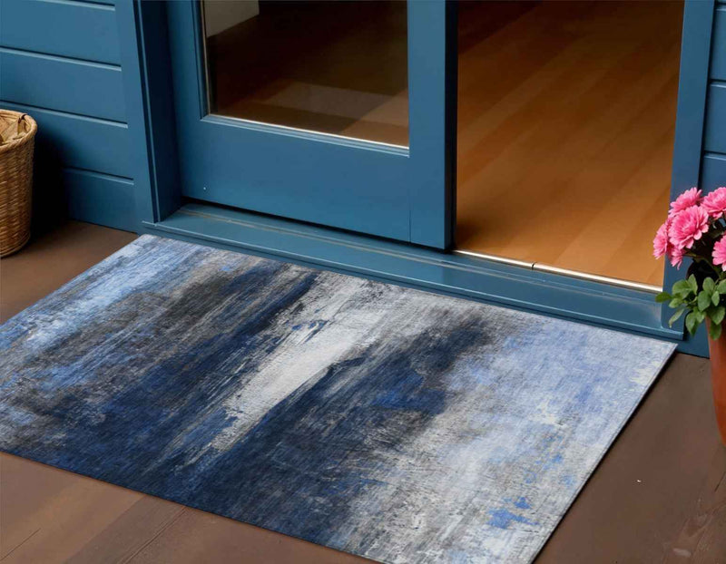 3' X 5' Navy Blue Charcoal And Ivory Abstract Washable Indoor Outdoor Area Rug