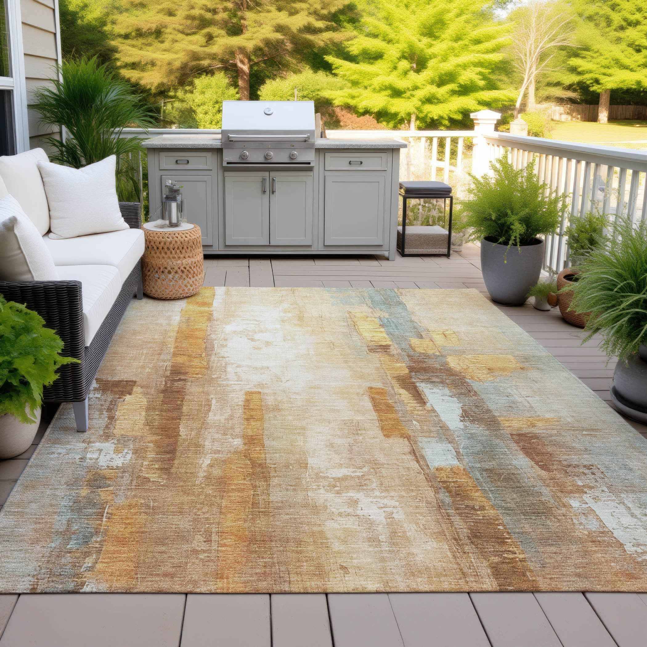 8' X 10' Copper And Ivory Abstract Washable Indoor Outdoor Area Rug