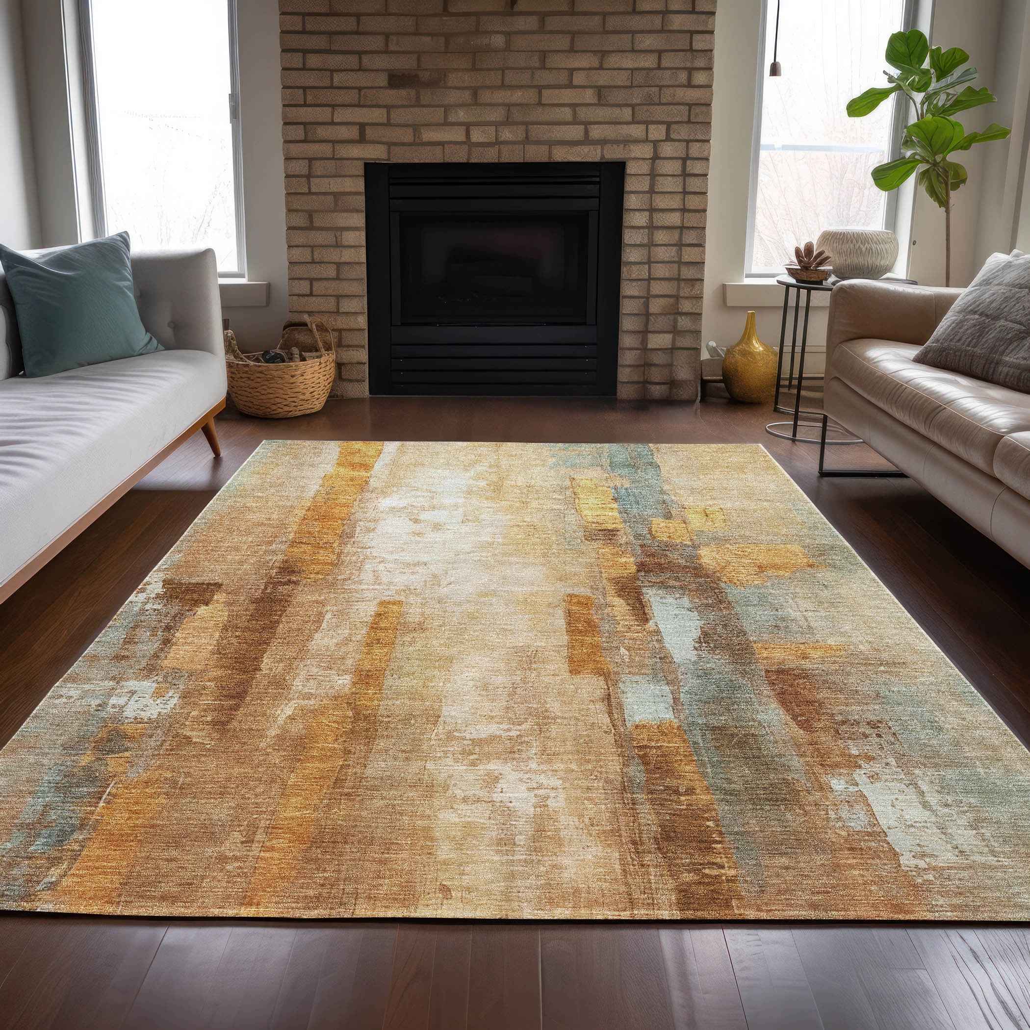8' X 10' Copper And Ivory Abstract Washable Indoor Outdoor Area Rug