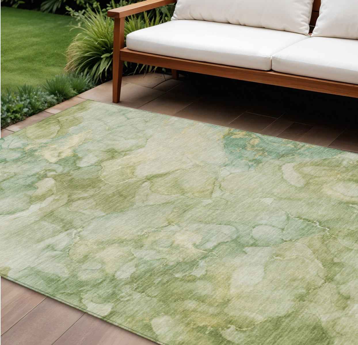 8' X 10' Artichoke Green And Beige Abstract Washable Indoor Outdoor Area Rug