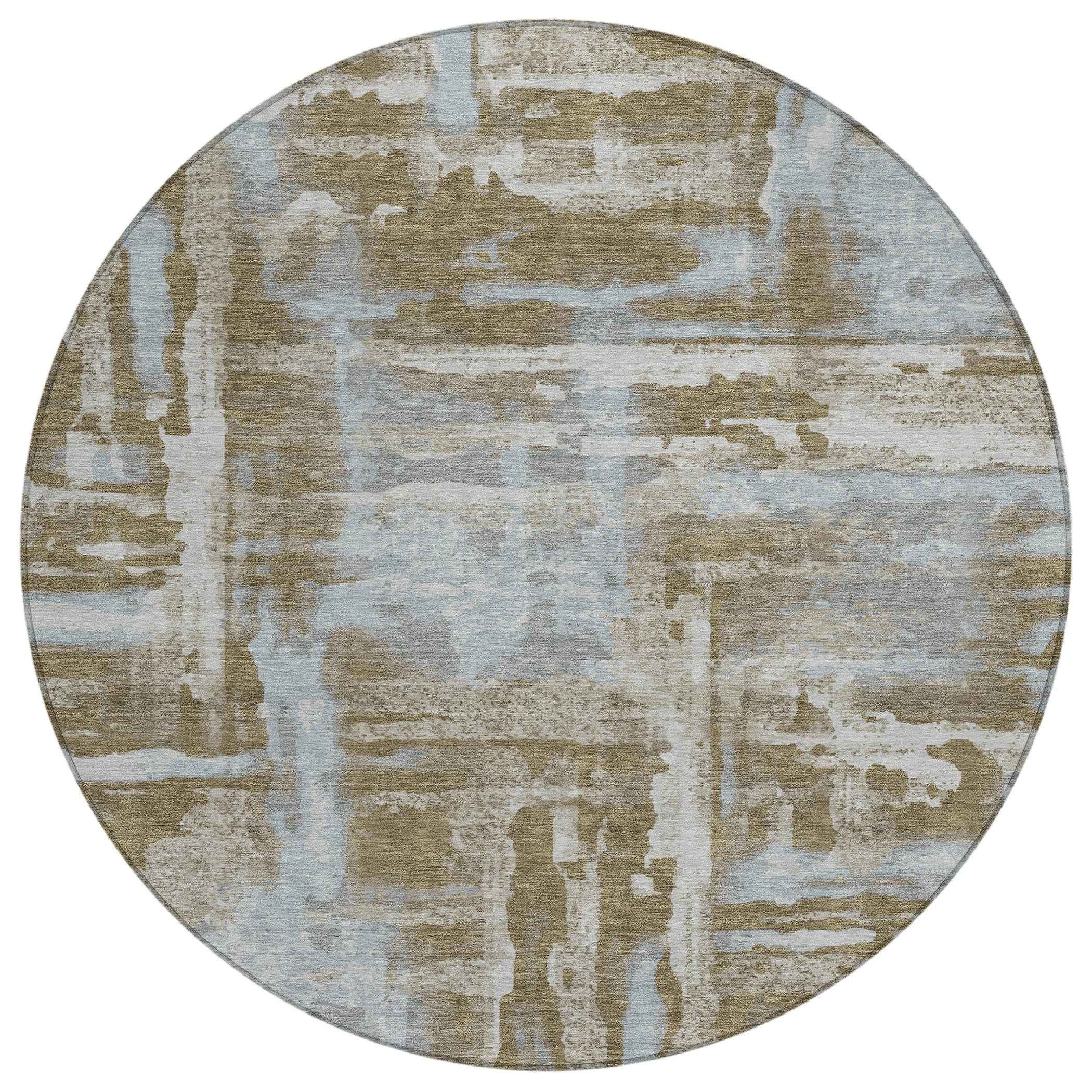 8' Brown And Sky Blue Round Abstract Washable Indoor Outdoor Area Rug