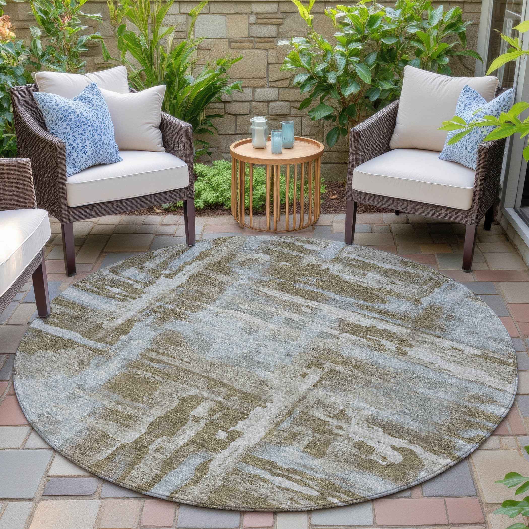 8' Brown And Sky Blue Round Abstract Washable Indoor Outdoor Area Rug