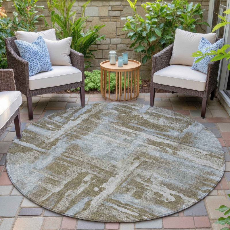 8' Brown And Sky Blue Round Abstract Washable Indoor Outdoor Area Rug