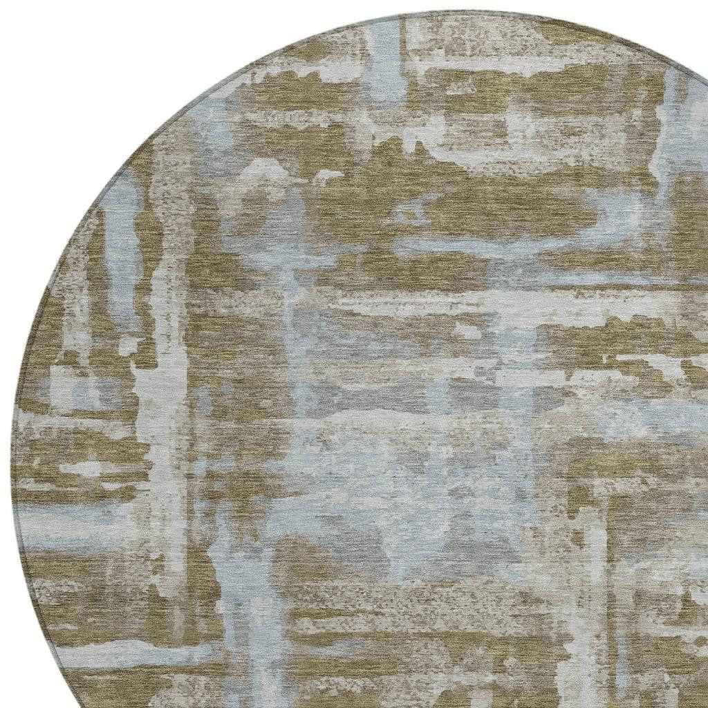8' Brown And Sky Blue Round Abstract Washable Indoor Outdoor Area Rug
