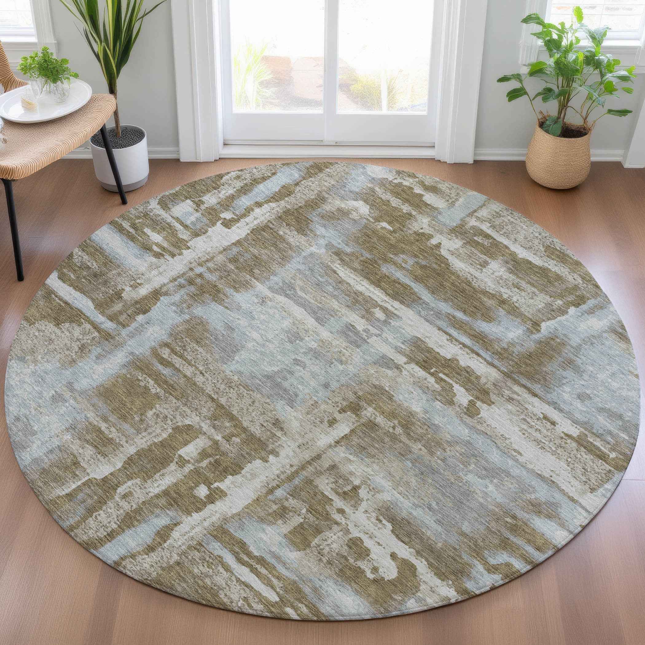 8' Brown And Sky Blue Round Abstract Washable Indoor Outdoor Area Rug
