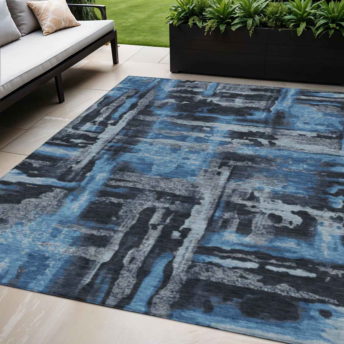 5' X 8' Black And Blue Abstract Washable Indoor Outdoor Area Rug