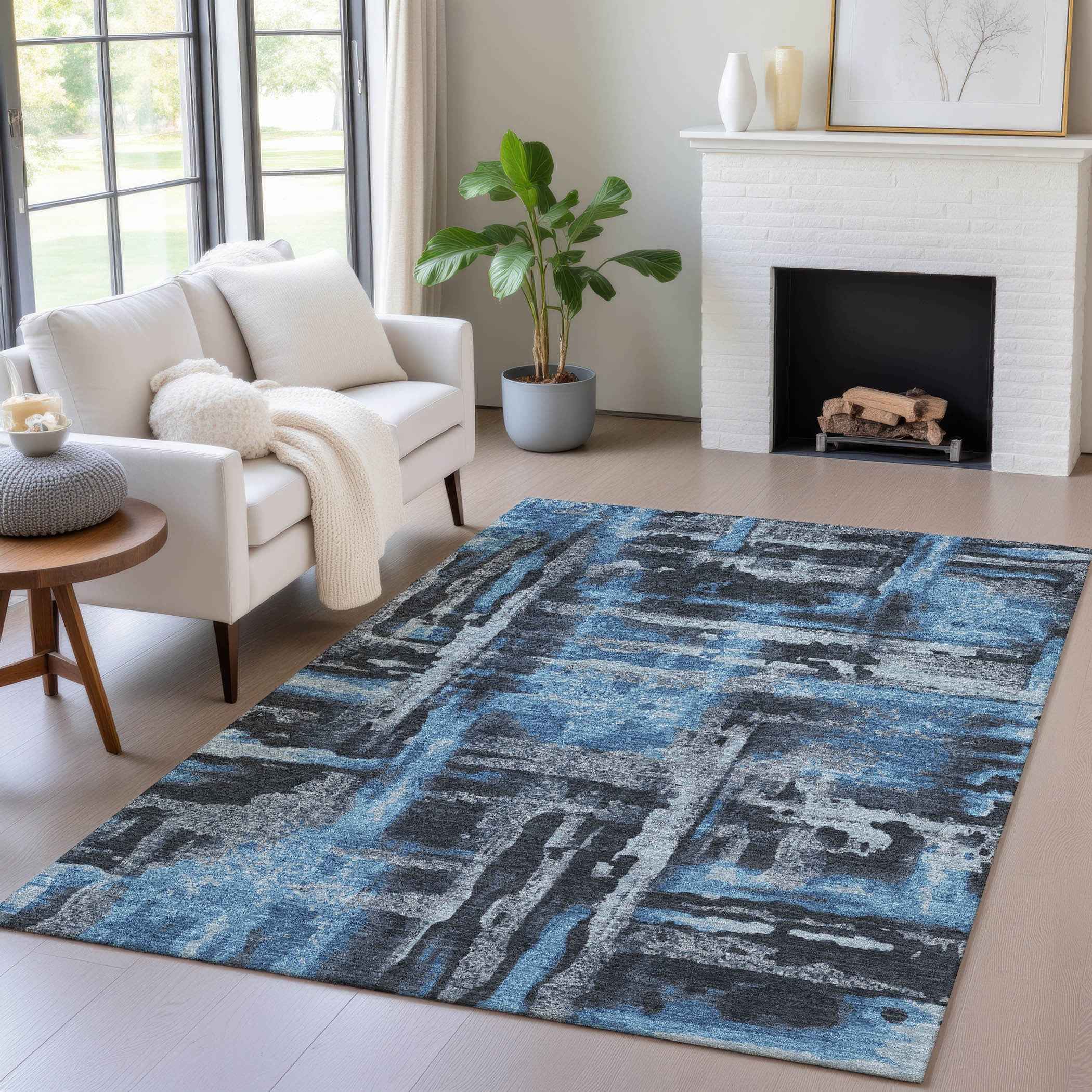 5' X 8' Black And Blue Abstract Washable Indoor Outdoor Area Rug