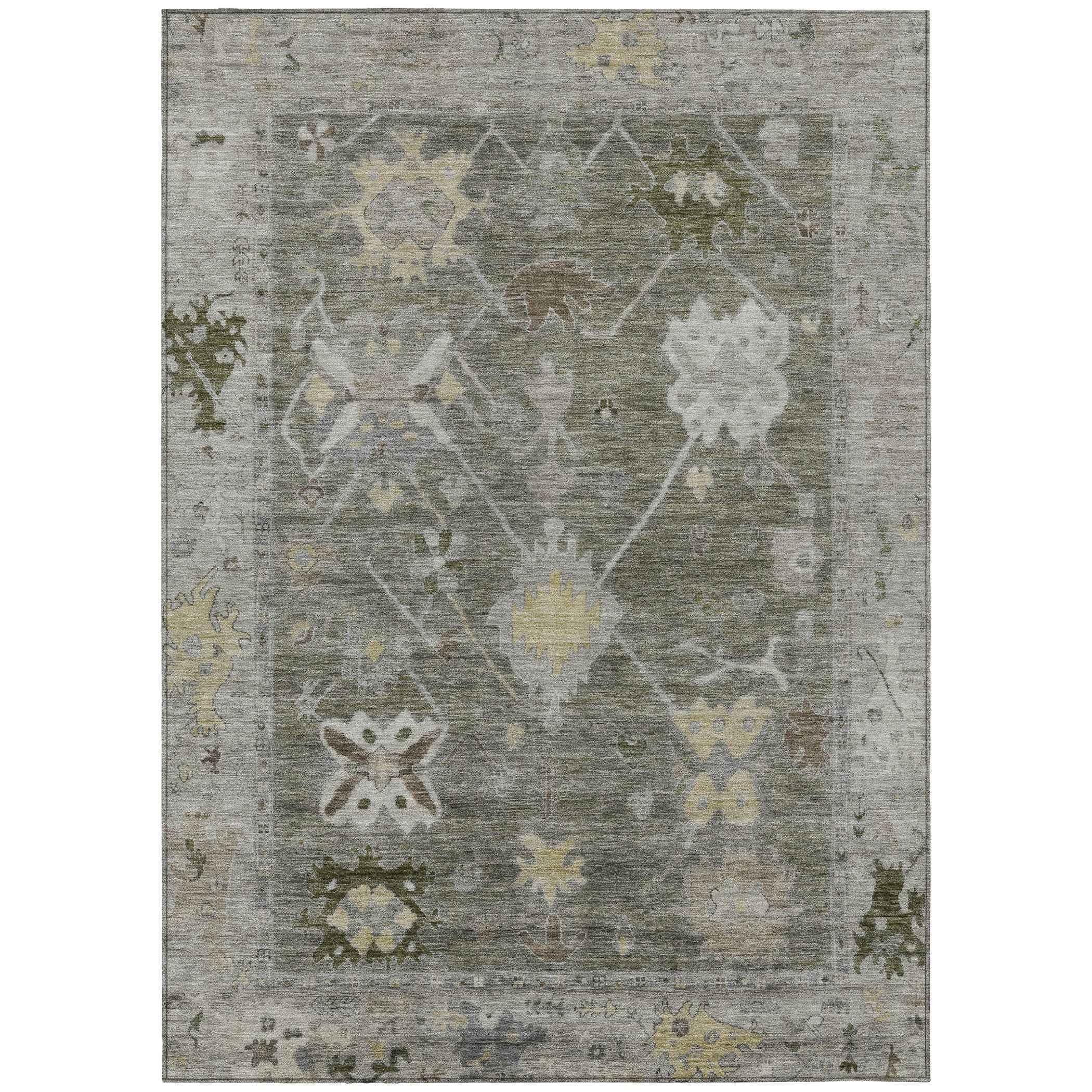 9' X 12' Pewter And Gold Tribal Washable Indoor Outdoor Area Rug