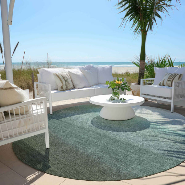 8' Pale Aqua And Gray Round Ombre Washable Indoor Outdoor Area Rug