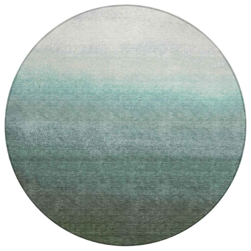 8' Pale Aqua And Gray Round Ombre Washable Indoor Outdoor Area Rug