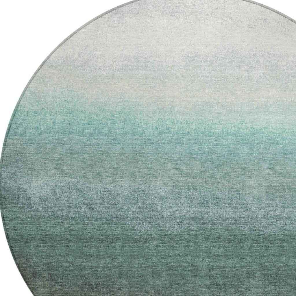 8' Pale Aqua And Gray Round Ombre Washable Indoor Outdoor Area Rug