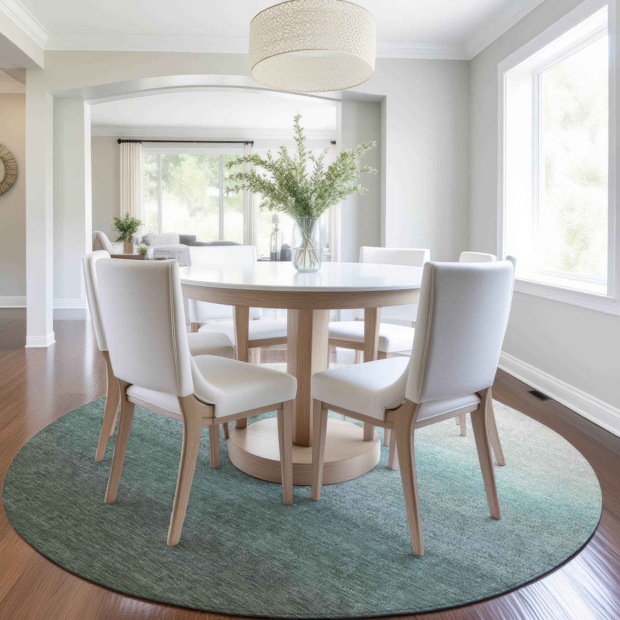 8' Pale Aqua And Gray Round Ombre Washable Indoor Outdoor Area Rug